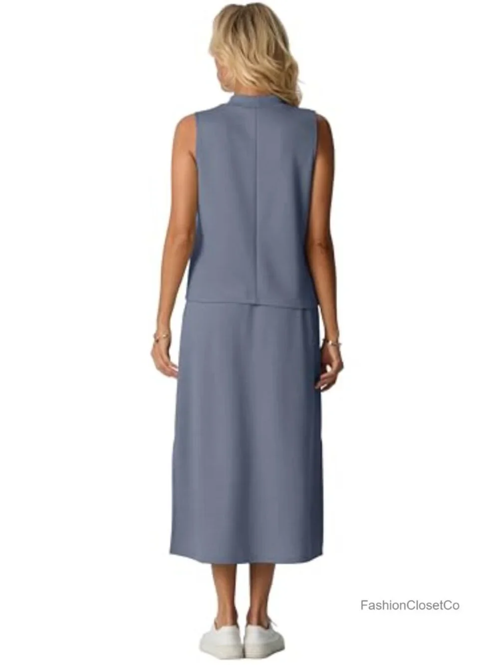 Sleeveless Mock Neck Crop Top & Split Maxi Skirt Set with Pockets